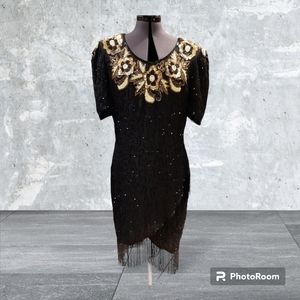 Jennifer Vintage Beaded Silk Dress With Fringe Flapper Dress Large